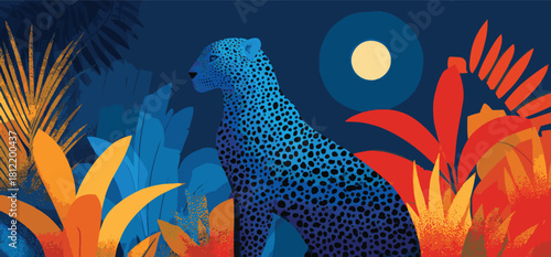 Blue leopard sitting in the jungle under the moonlight illustration
