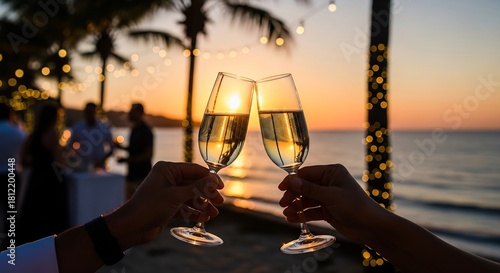 Champagne glasses clink at sunset beach party with palm trees  string lights silhouettes of people visible in background