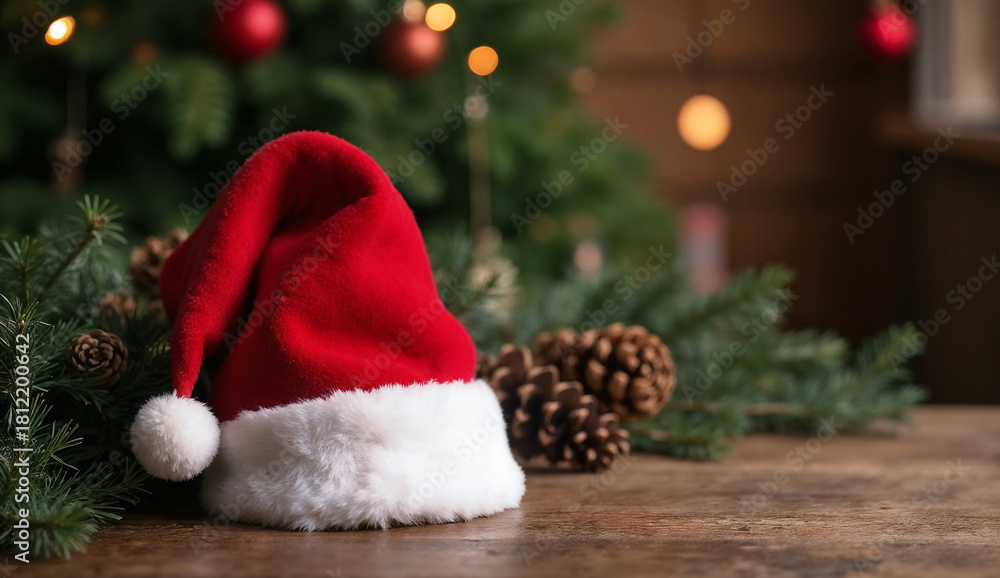 Obraz premium Santa hat on wooden table with christmas decorations againts christmas tree background.