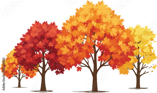 Row of deciduous autumn trees with gradient foliage colors, seasonal vector illustration for nature, design, education, and decoration themes