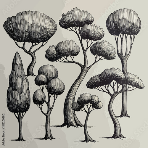 Hand Drawn Stylized Ink Tree Sketches Collection.