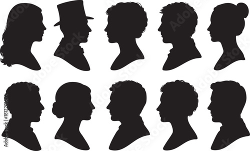 Vector collection of vintage portrait silhouettes each isolated on white