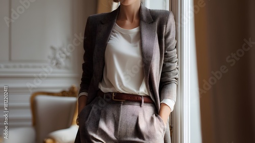 Woman in a suit and white shirt stands in front of a window. She is wearing a brown belt and has her hands in her pockets. Concept of professionalism and confidence
