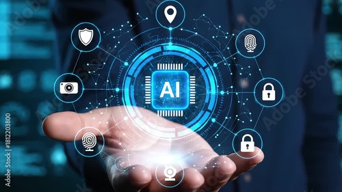 Wallpaper Mural A hand holding a glowing AI chip surrounded by a network of digital icons representing security, data, and connectivity in a futuristic setting. Torontodigital.ca