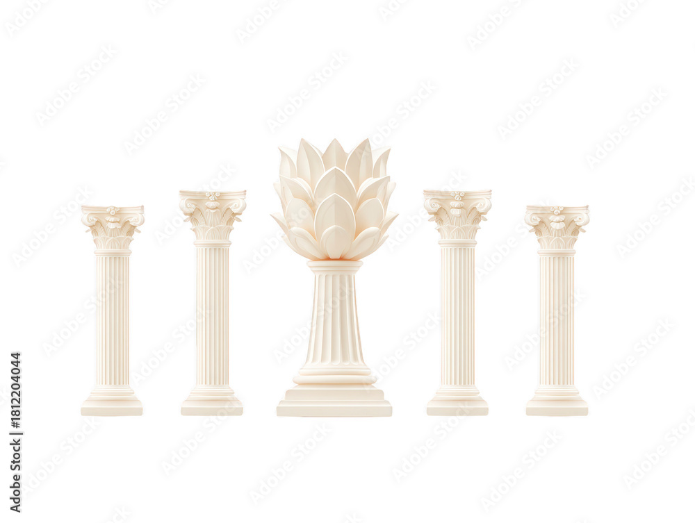 Obraz premium Five classical white columns with ornate capitals stand in row, with central column featuring unique lotus flower design, evoking elegance and ancient architecture