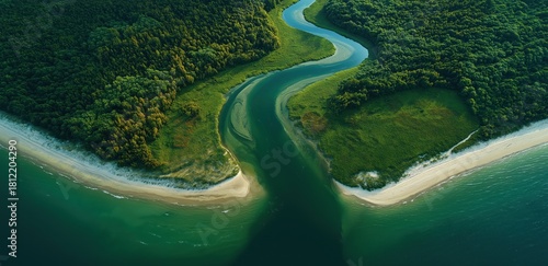 Fototapeta Naklejka Na Ścianę i Meble -  Serpentine River's Embrace: An aerial perspective captures the captivating dance of a river as it gracefully winds through a tapestry of emerald forest and golden sands.