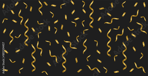 Falling golden confetti and elegant curly gold streamers, luxurious illustration pattern against dark background. This sparkling design evokes a sense of celebration, glamour, and success.