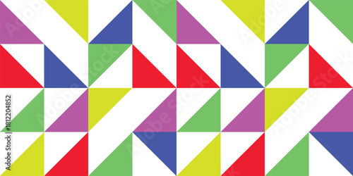 Dynamic Seamless Pattern of Colorful Geometric Triangles and Shapes Repeating on a White Background