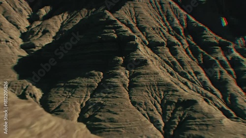 A rugged mountain landscape with layered rock formations and anaglyph effect