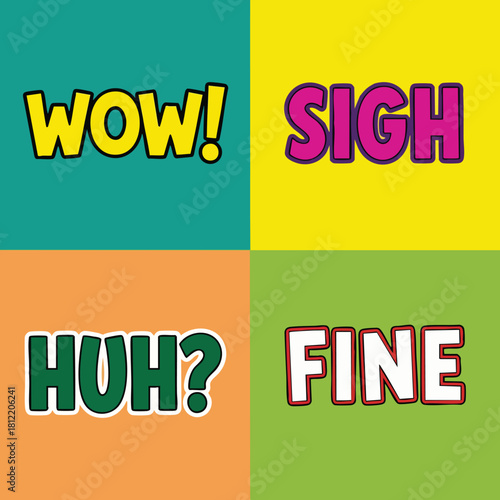 Four colorful pop art word expression panels.