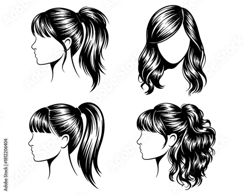 Collection of four stylized black and white illustrations of women s hairstyles