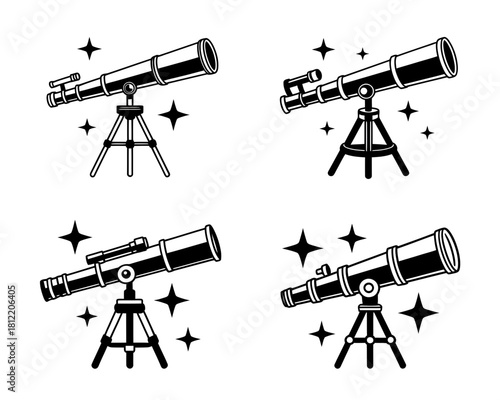 Four stylized black and white telescope icons with stars