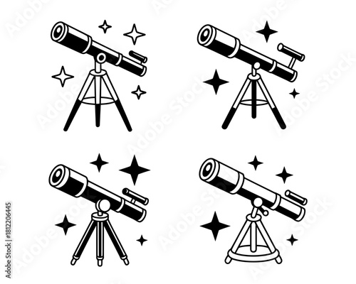 Set of four black and white telescope icons with stars