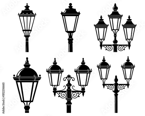 Collection of classic black silhouette street lamps and lampposts