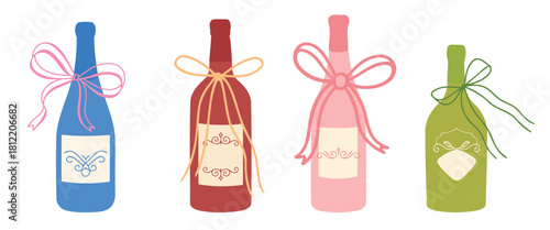 Colorful gift bottles with bows vector, festive ribbon wrapped drink bottles set for holiday celebration, party decor and packaging design.