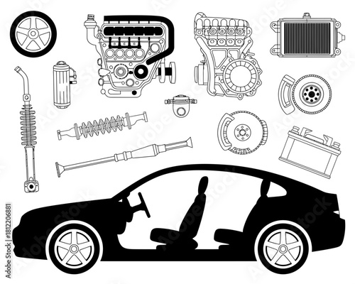 Car silhouette with engine and parts illustration