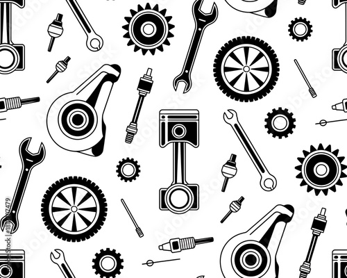 Seamless pattern of car engine parts and tools in black and white