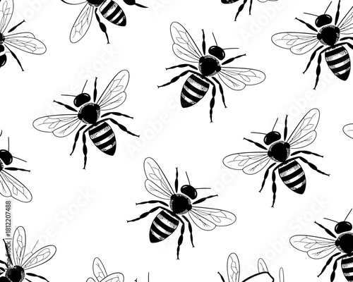 Seamless pattern of black and white bees on a white background