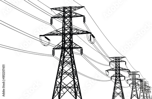 High voltage transmission tower row, electric power pylon silhouette, electricity distribution grid lines, industrial energy infrastructure vector, perspective wire network