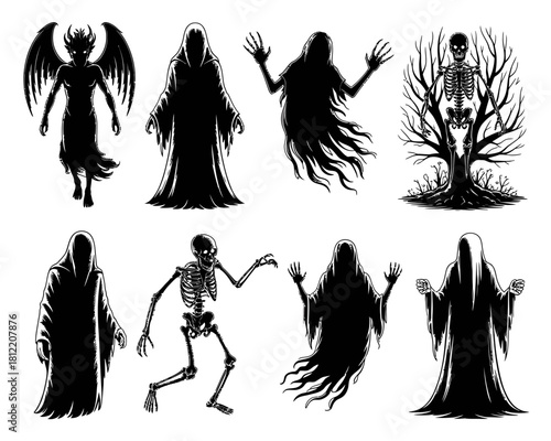 Collection of spooky halloween characters including grim reapers and skeletons