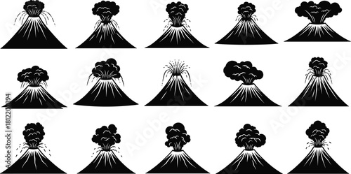 Volcano eruption silhouette collection, smoking mountain icons, active lava crater vector, geological natural disaster symbols, explosion ash cloud illustration