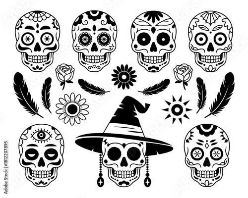 Collection of dia de los muertos sugar skulls and halloween elements