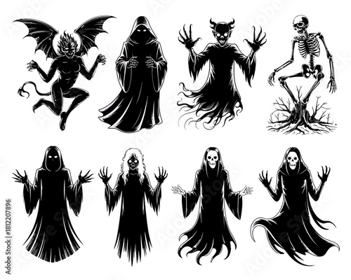Collection of black and white halloween monsters and supernatural beings