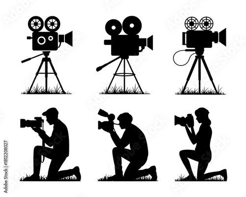 Vintage and modern film cameras and videographers silhouettes on grass