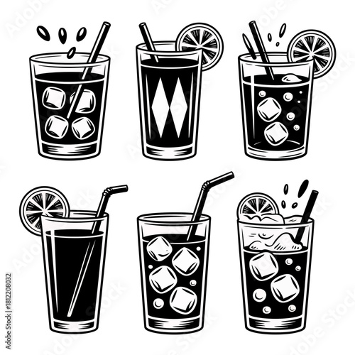 Collection of six black and white stylized cocktail drinks with ice and garnishes