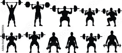 Weightlifting silhouettes collection, men training with barbell and dumbbell, gym fitness exercises vector, bodybuilding workout set, strength sport illustration
