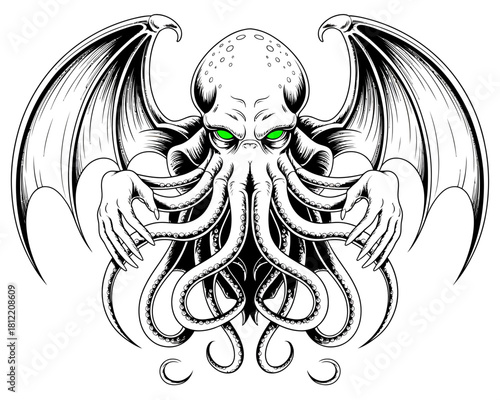 Terrifying cthulhu monster with green eyes and bat wings