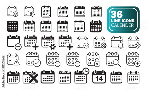 Clean Calendar Line Art Set for Daily, Weekly and Monthly Planning.
