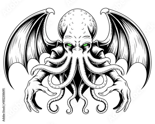 Mythological winged octopus creature with green eyes and tentacles