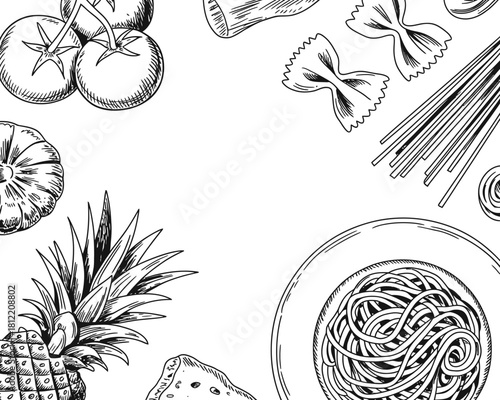 Hand drawn food ingredients border with tomatoes pasta and pineapple