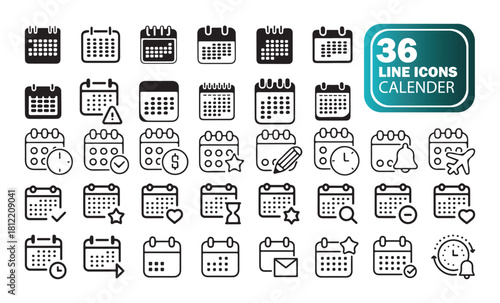 Elegant Calendar Line Graphics, Planner and Event Icons for Daily Scheduling.
