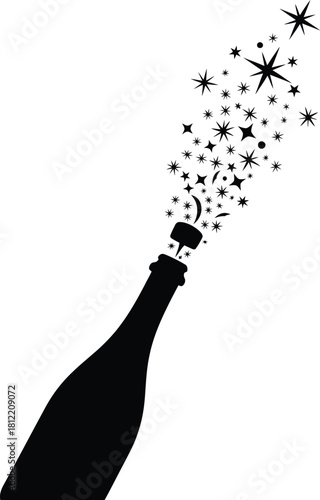 Elegant black and white silhouette vector of a champagne bottle popping with festive sparkles and effervescence