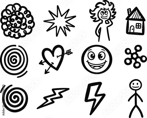 Black And White Doodle Icons Of Swirls Heart Starbursts And People Keywords: swirl, spiral
