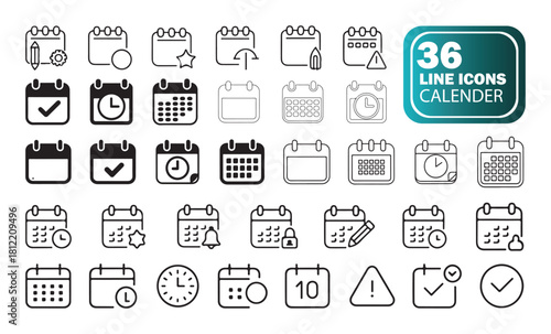 Modern Calendar Icon Collection, Planner and Reminder Line Art Graphics.
