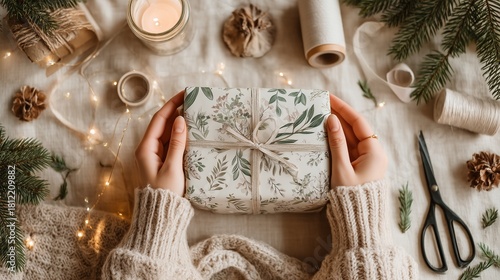 A cozy, soft-focus scene of hands wrapping a Christmas gift with watercolor patterned paper, surrounded by ribbons, scissors, tape, pine branches, and warm lights.