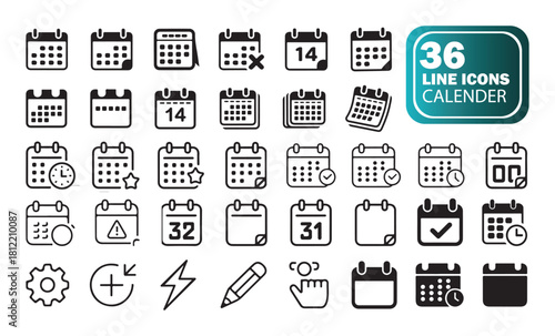Simple Line Calendar Icons, Professional Planner Set for UI and Print Design.
