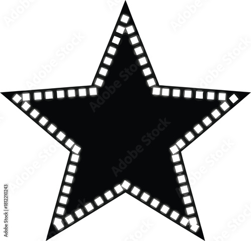 Isolated simple black five-pointed star icon with a decorative dotted or small square border outline