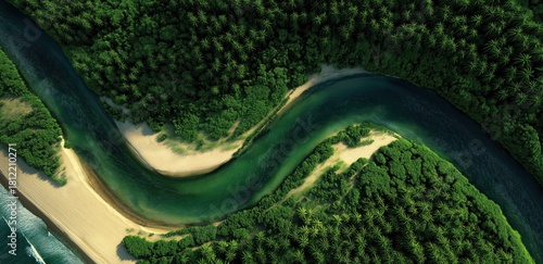 Fototapeta Naklejka Na Ścianę i Meble -  Emerald River's Embrace: An aerial view showcases the serene beauty of a winding river as it carves its way through a lush forest and meets the sandy coastline, demonstrating natures artwork.