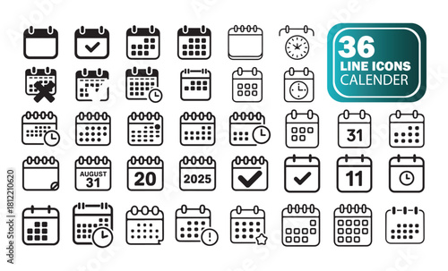 Calendar UI and Planner Icons, Simple Line Vector for Events and Scheduling.

