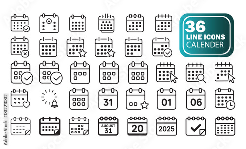 Minimalist Calendar Icon Collection, Clean Outline Symbols for Daily Planning.