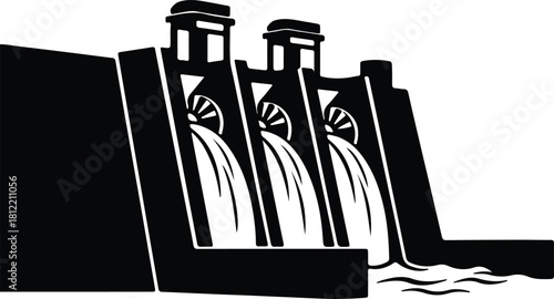 Illustration hydroelectric power station dam renewable energy source silhouette vector