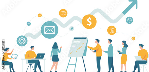 Business teamwork strategy illustration with growth chart, digital marketing icons, people collaborating on analytics, planning, productivity, financial success concept artwork