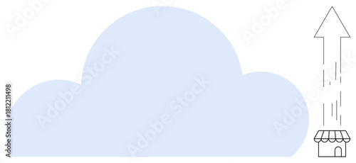 Cloud graphic with a small storefront launching upward via an arrow. Ideal for technology, innovation, business growth, startups, cloud computing, scalability, online marketplace. Simple flat