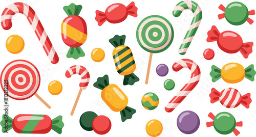 Colorful cartoon candy collection with lollipops, wrapped sweets, candy canes, round candies, vibrant dessert treats illustration for festive design artwork