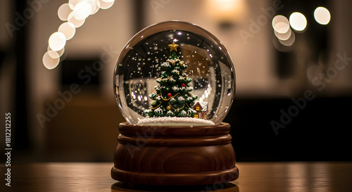 A snow globe with a christmas tree inside on a wooden surface