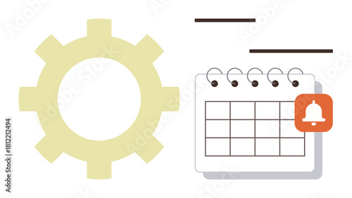 Gear symbol beside a calendar with a notification bell highlights workflow, scheduling, and reminders. Ideal for productivity, efficiency, planning, deadlines, organization, automation simple flat